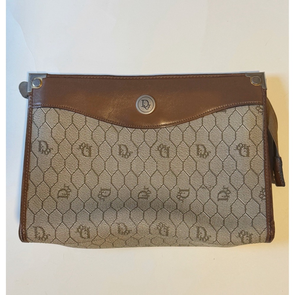 Christian Dior Honeycomb Monogram Logo Clutch PVC Beige/ Brown Leather Authentic